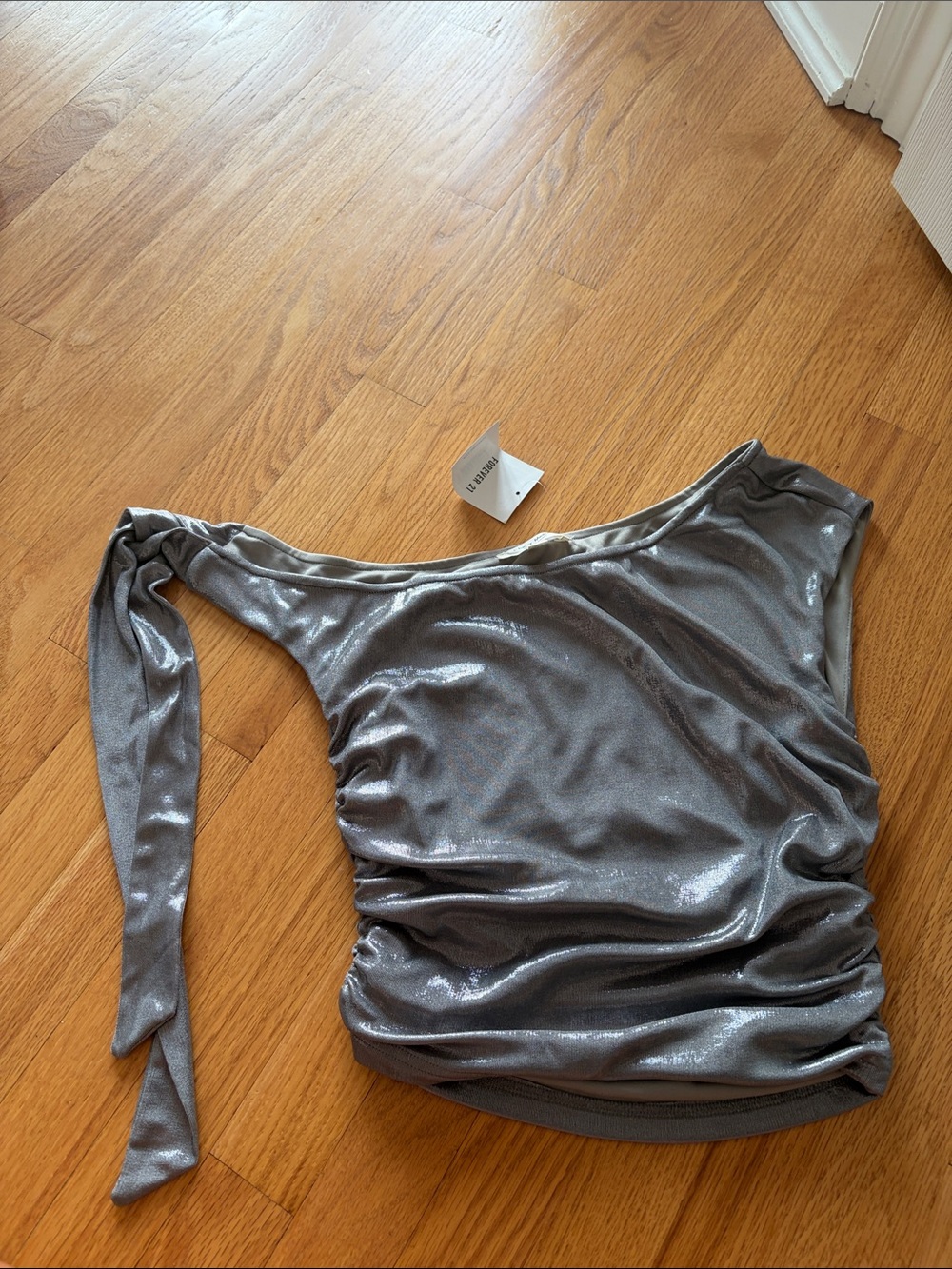 Brand New With Tags Forever 21 Metallic One-Shoulder Silver Crop Top